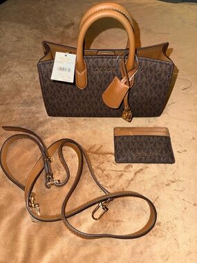 Michael Kors Brown Signature Monogram Satchel with Tan Trim and Card Holder